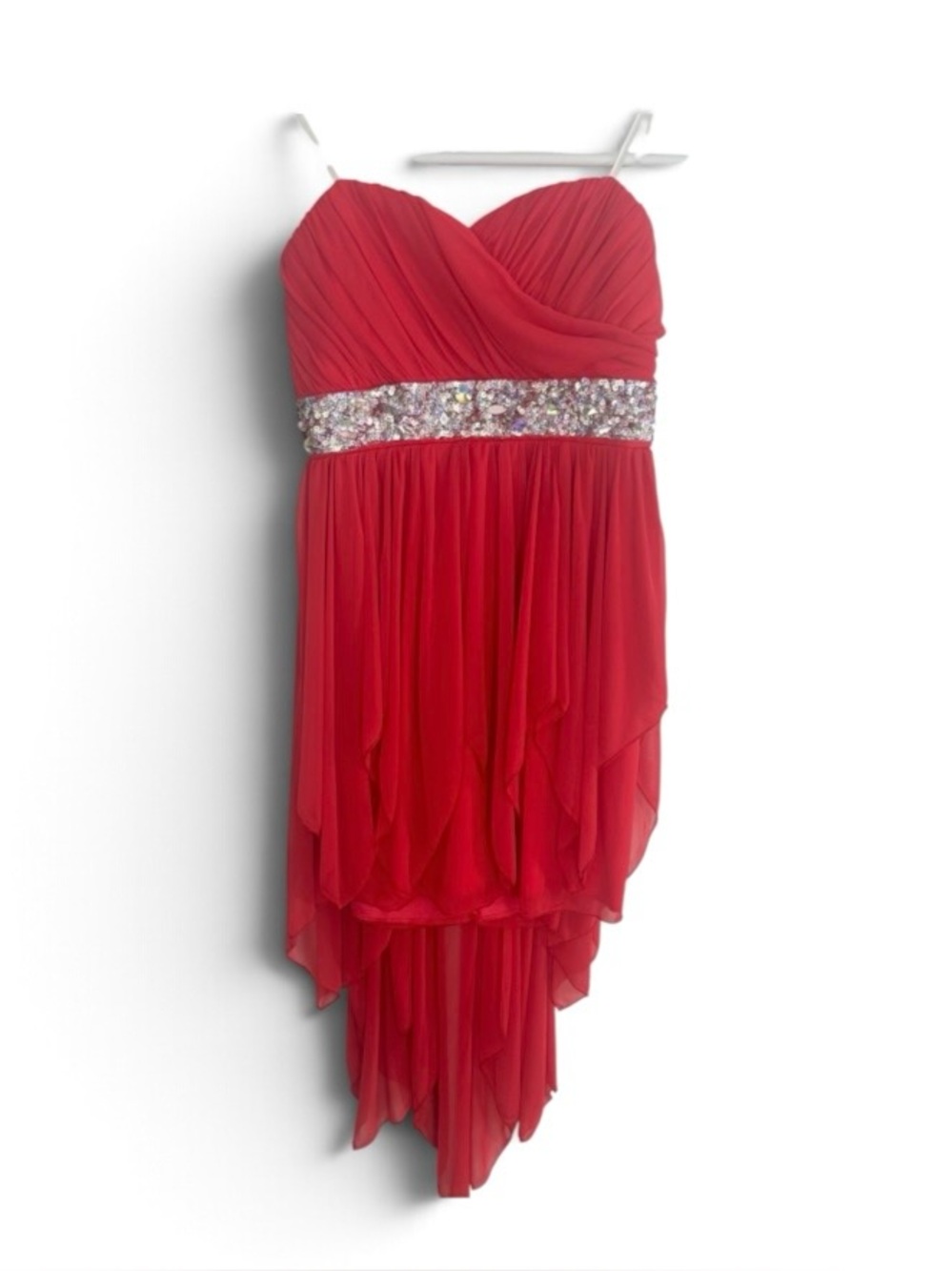 Jolie Women’s Strapless High-Low Prom Formal Dress Red Rhinestone Belt Size 14